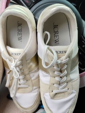 J. Crew White and Gold Women's Lace-Up Sneakers